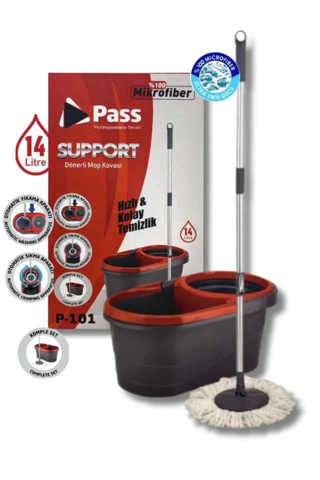 Pass 14 Litre Dönerli Mop Seti 5 Parça Microfiber Temizlik Seti